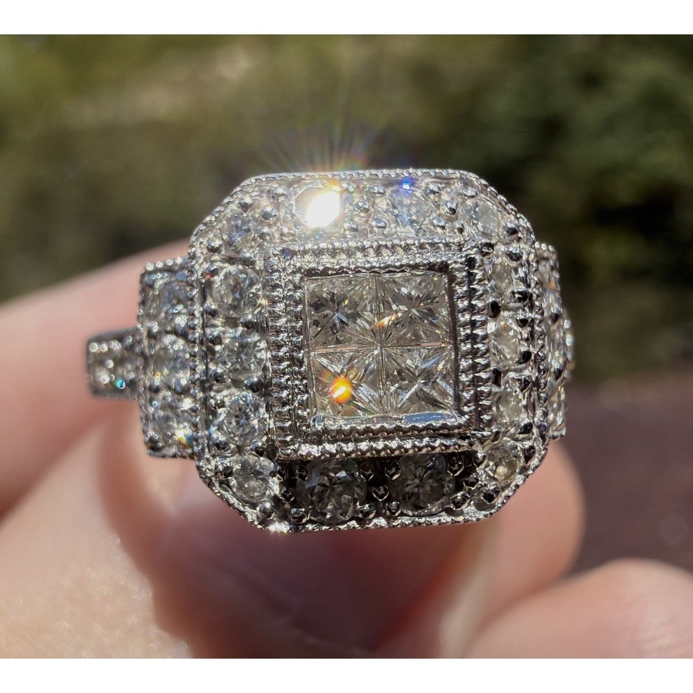 Vintage 14k Solid White Gold Natural Round Princess Cut Diamond Ring - Size 7.5